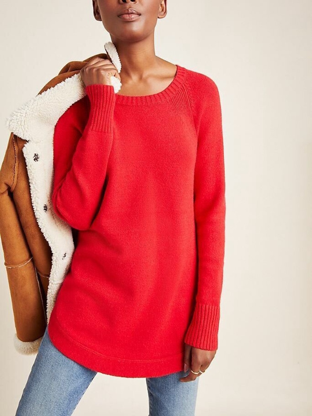 Anthropologie Rebekah Red Tunic Sweater Raglan Sleeve Rounded Hem Cozy Size S